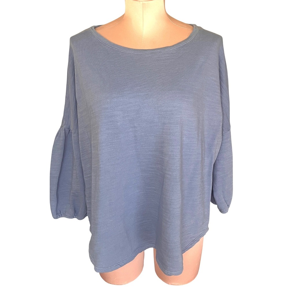 Pure Jill J. Jill Blue 100% Cotton Slub Knit Puff Sleeve Top XL Boho Coastal